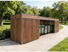 Контейнерная площадка с откатными воротами, обшитая деревянными рейками